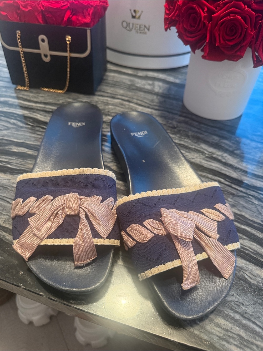 Fendi Navy Slide Mules with Pink Braided Trim and Bow Detail